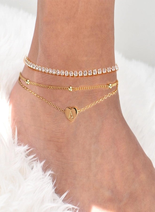 MYYOII Initial Ankle Bracelets for Women, Dainty Gold Anklets for Women Layered Heart CZ Bead Initial Anklets 14K Gold Plated Ankle Bracelet Set Waterproof Summer Beach Jewelry for Women T, Large - Image 3